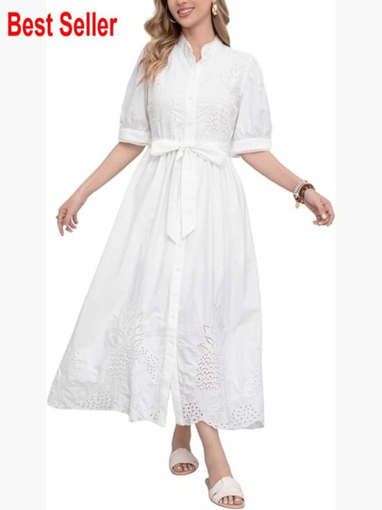 Dresses & Skirts - Embroidered Eyelet Cotton Shirt Dress with Belt Puff Sleeve Boho Maxi